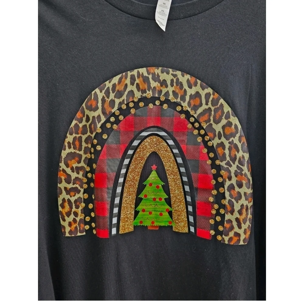 Christmas Long Sleeve Black T Shirt Leopard Plaid Christmas Tree Size 3X Holiday - Picture 4 of 6
